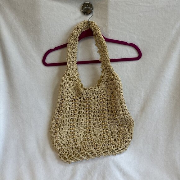 Cottagecore‎ Ecru Tan Lined Crochet Tote Bag Purse Shoulder Boho Cottage Core - Picture 1 of 12